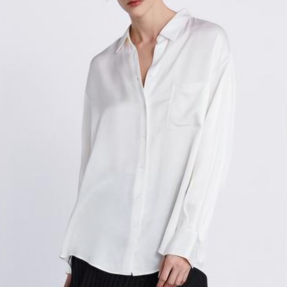 Zara Off White Satin Button Up Shirt S Small Long Sleeve Blouse Office Women's